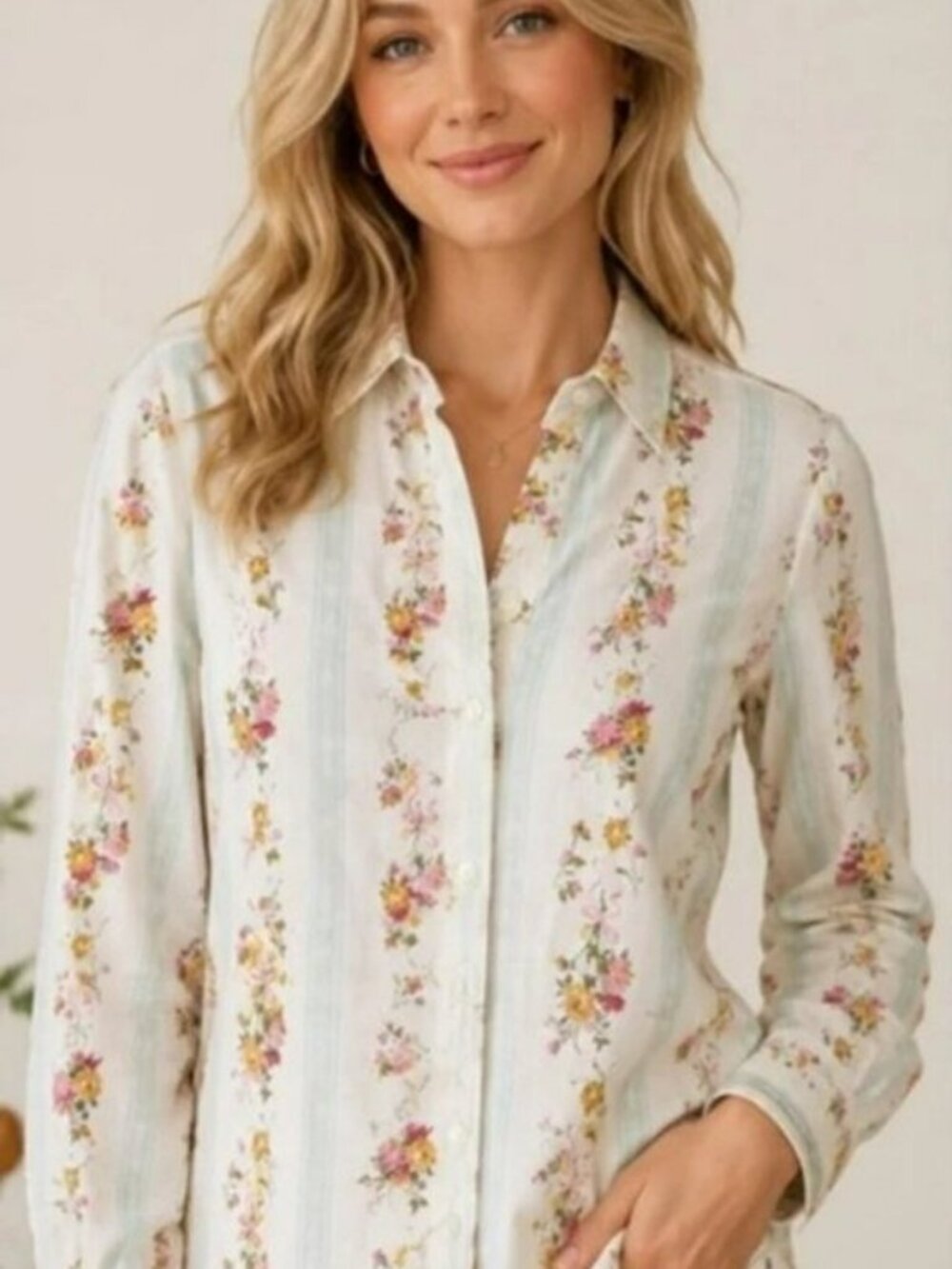 Spartina 449 White Floral Stripe Button-Up Top